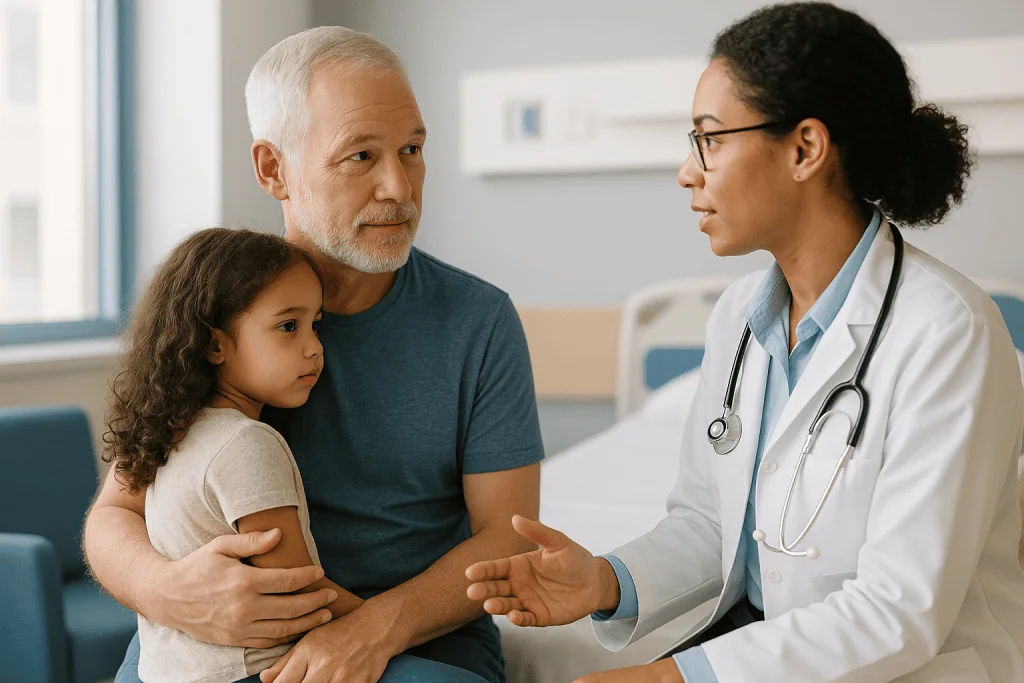 Doctor consulting with grandfather and granddaughter in clinic: Is it safe to be around someone with radiation seeds?