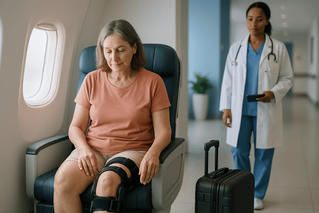 Woman in knee brace at airport with doctor observing: Is it safe to fly 2 weeks after surgery? What the clot evidence shows