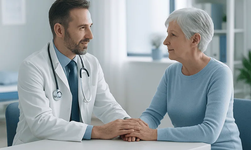 Doctor consulting with elderly woman in a medical office.