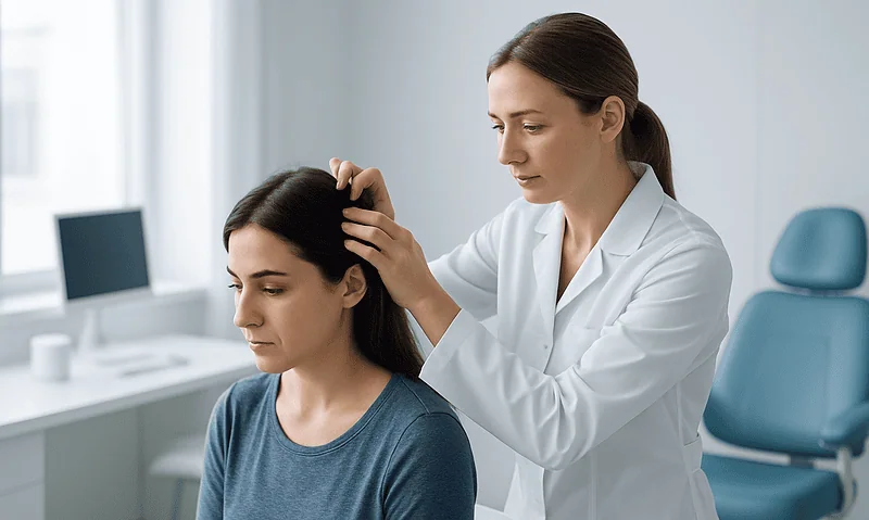 Doctor examining woman's scalp in a medical clinic setting.