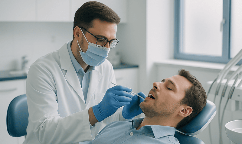Dentist performing a dental check-up on a patient in a clinic.