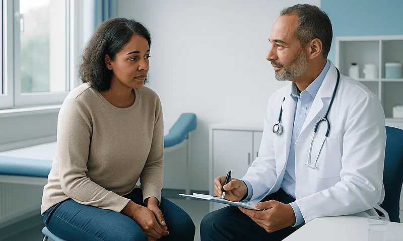 Doctor consulting with a woman patient in a medical office.