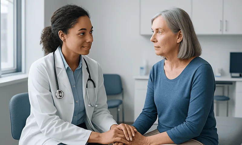Doctor consulting with an older female patient in a medical office.