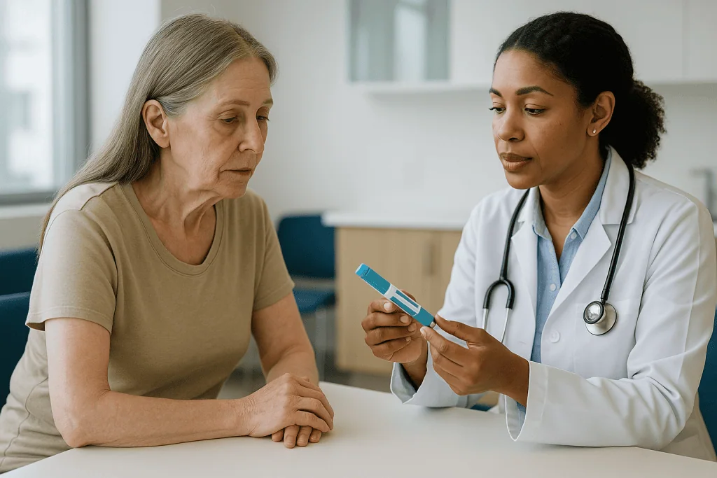 Doctor consulting patient with medical device in clinic — Is it the medicine or the weight loss?