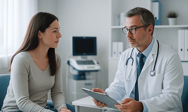 Doctor consulting with a woman patient in a medical office setting.