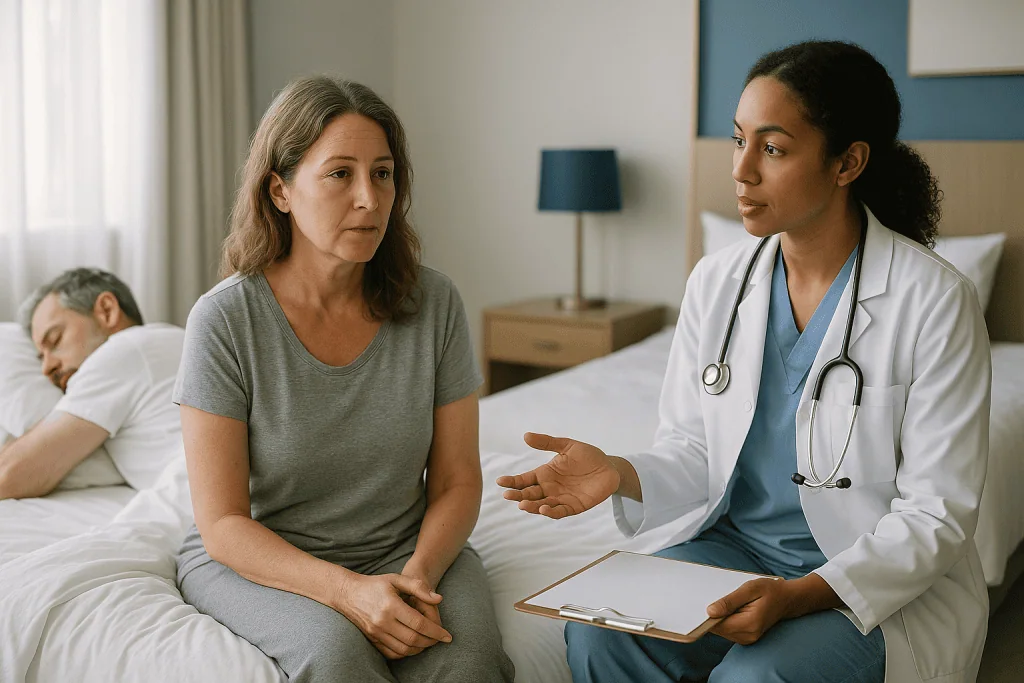 Doctor consulting patient in hospital bedroom setting: Is it true that I sleep better alone than with my partner?