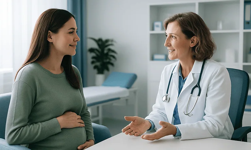 Pregnant woman consulting with a doctor in a medical office.