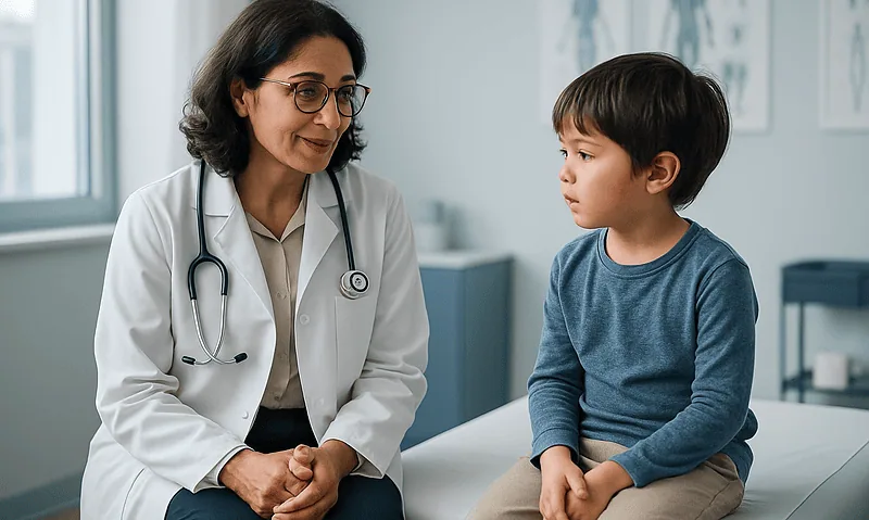 Pediatric consultation at Acibadem Hospital with doctor and young patient.