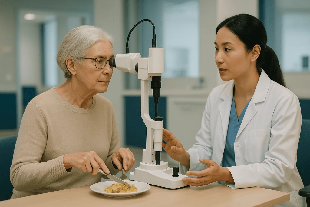 Elderly patient undergoing eye examination with doctor: Is laser cataract surgery more precise, and does that precision matt