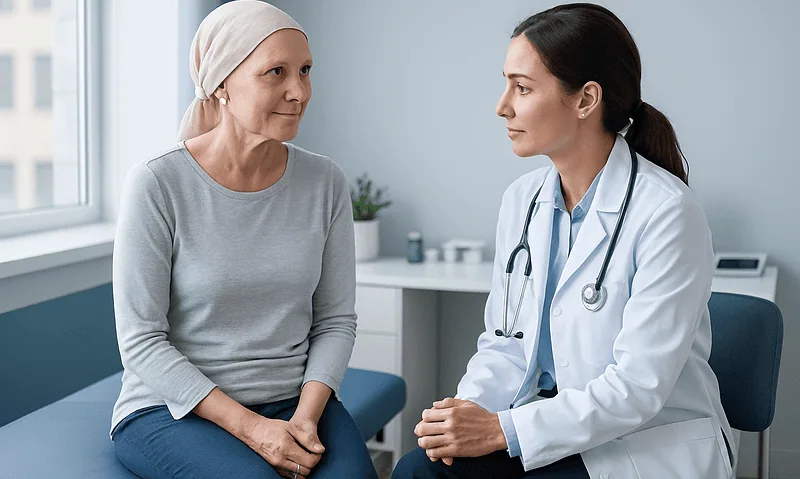 Doctor consulting with a female patient in a hospital room.