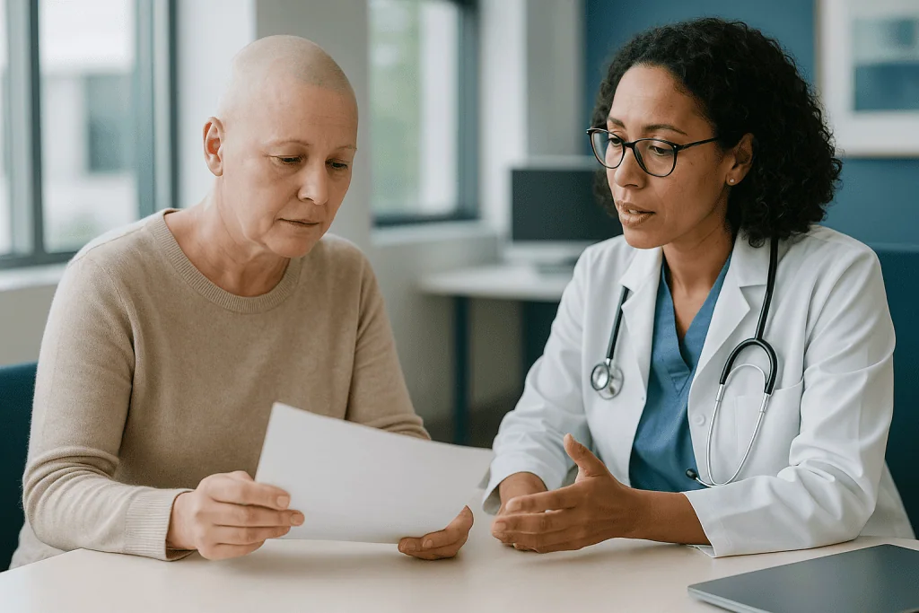 Doctor consulting with adult patient reviewing medical documents: Is leukemia ever misdiagnosed? Where the pathology can shi