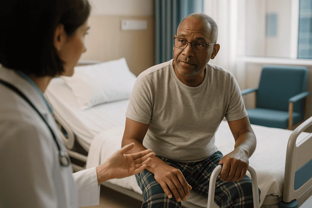 Doctor consulting male patient in hospital room: Is lithotripsy a major surgery?