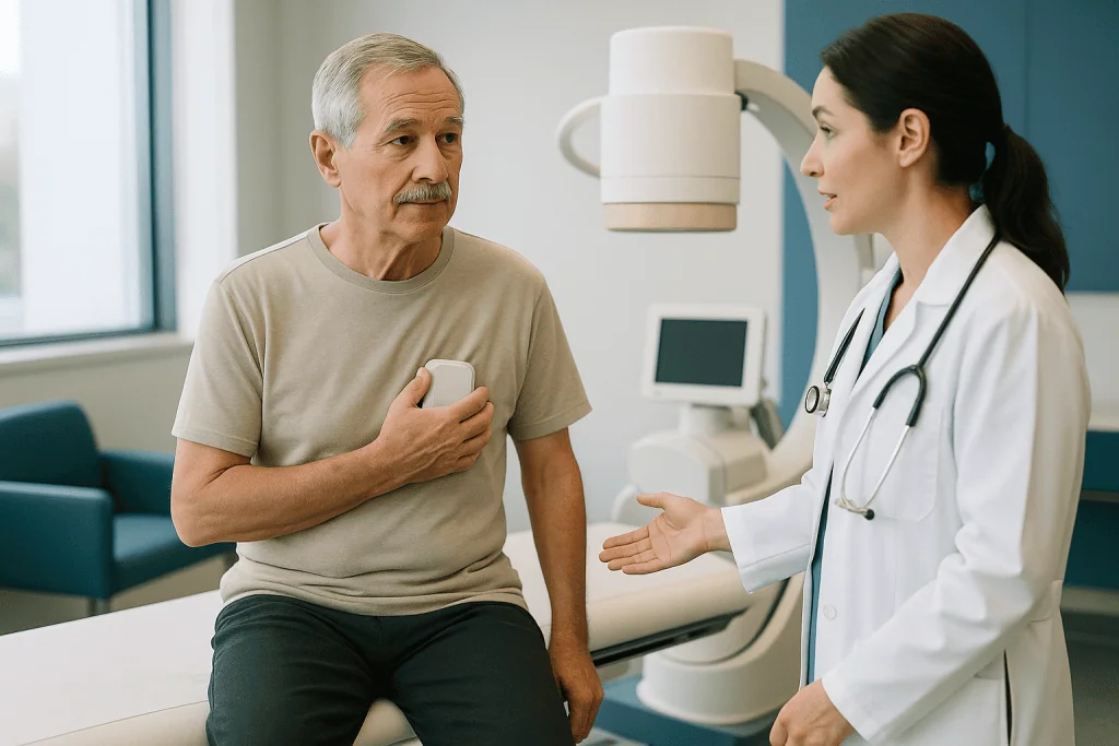 Doctor consulting with older male patient in clinic: Is lithotripsy safe for heart patients more broadly?