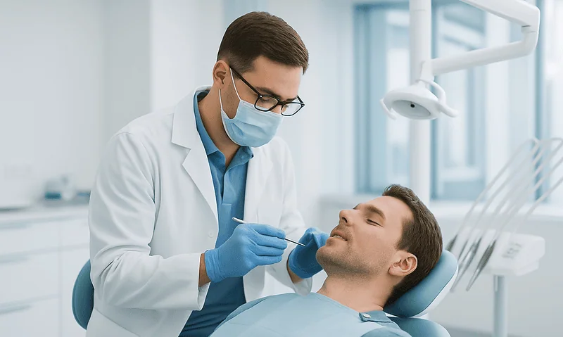Dentist performing oral exam on patient in dental clinic.