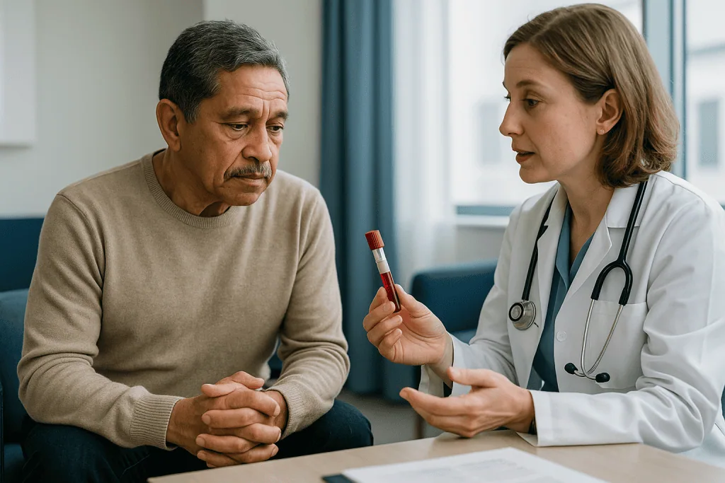 Doctor consulting patient about blood test results: Is MDS a blood cancer, and why the answer shapes monitoring