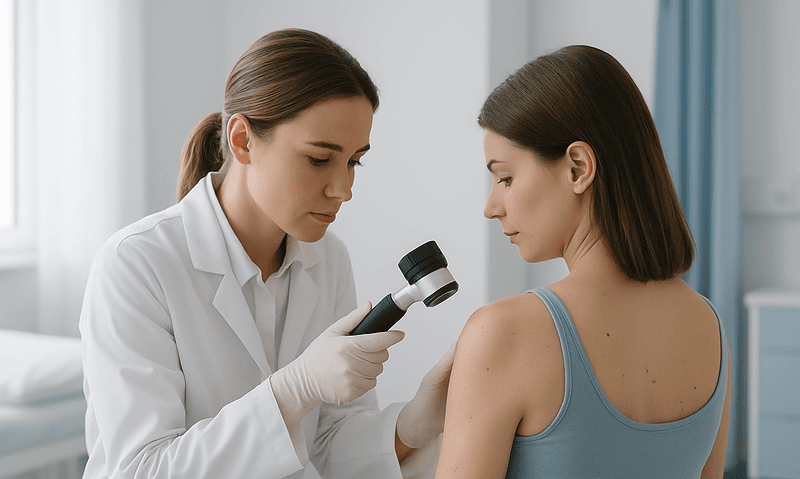 Dermatologist examining patient's skin with a dermatoscope at Acibadem Hospital.