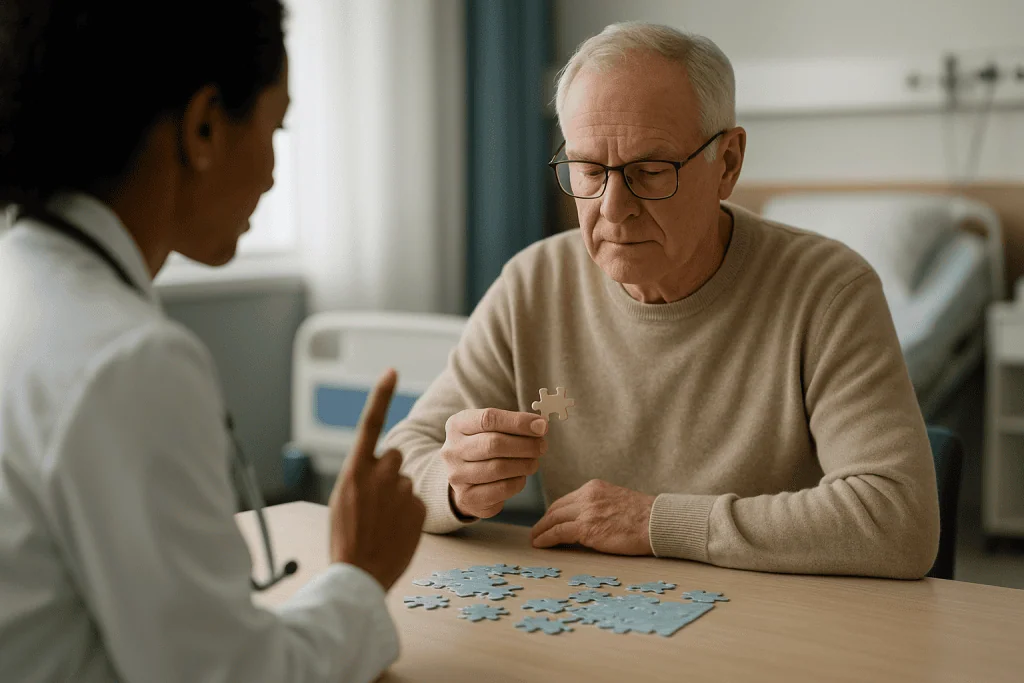 Elderly man and healthcare worker doing cognitive assessment puzzle — Is mild cognitive impairment considered dementia?