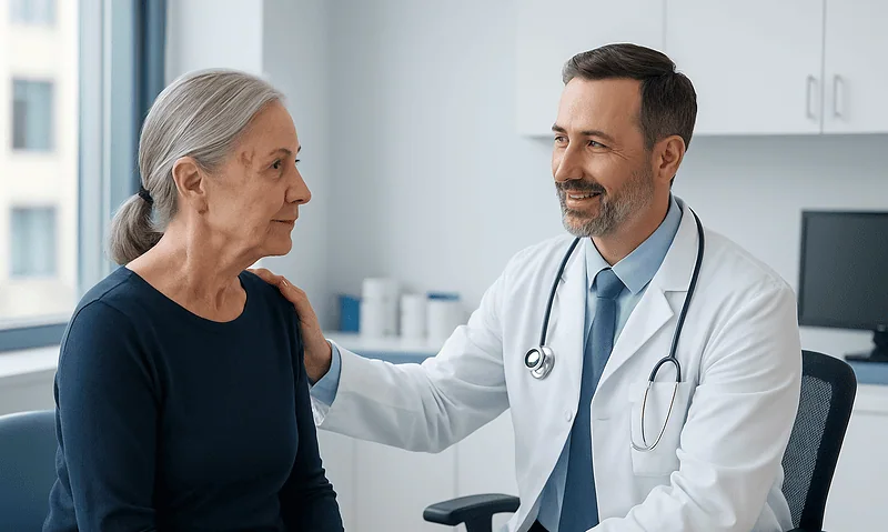 Doctor consulting with an elderly female patient in a medical office.