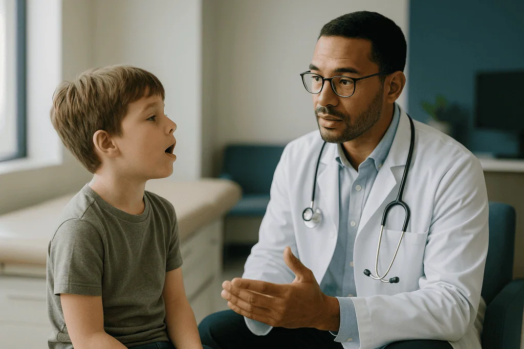 Doctor consulting child patient in medical office: Is mouth breathing in children always caused by adenoids?
