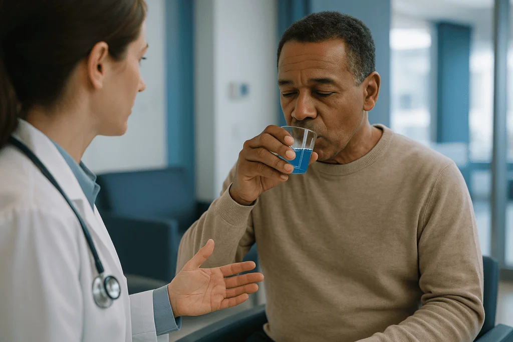Doctor consulting patient drinking water or liquid: Is mouthwash bad for you? What the evidence actually says