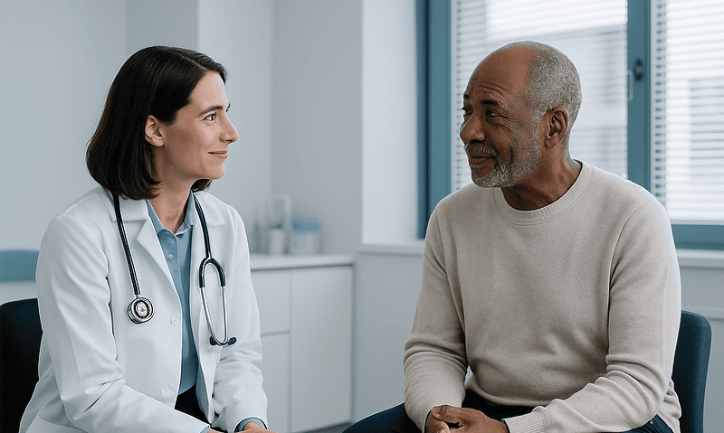 Doctor consulting with an elderly male patient in a medical office.