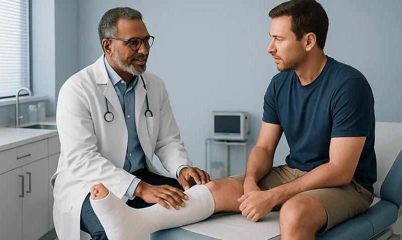 Doctor examining patient's leg in a medical consultation room.