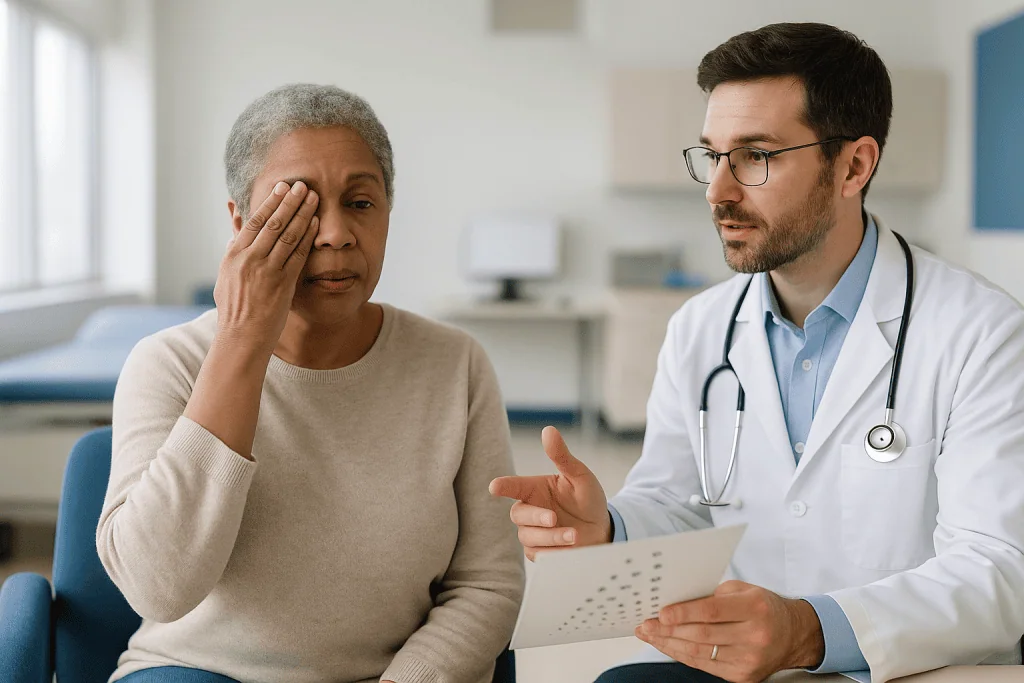 Doctor consulting patient with tablet in clinic: Is my droopy eyelid affecting vision? How specialists measure it