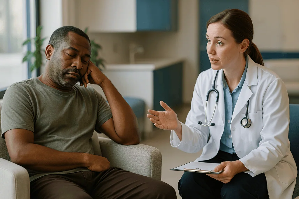 Doctor consulting patient in clinical office setting: Is napping bad for insomnia? A more careful answer