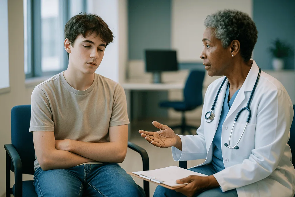 Doctor consulting teenage boy in clinical office setting: Is narcolepsy psychological? What the evidence shows