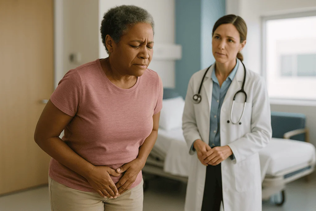 Female patient with abdominal pain consulting female physician: Is needing to pee constantly normal the first day?
