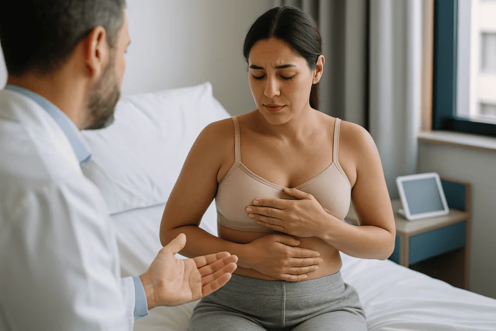 Doctor examining patient breast during medical consultation: Is nipple surgery painful? What soreness usually feels like