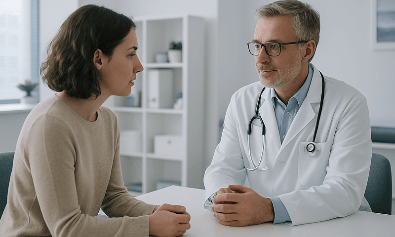 Doctor consulting with a young woman in a medical office setting.