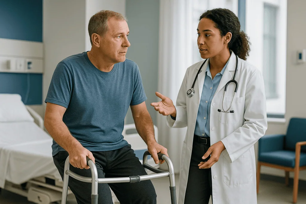 Doctor consulting male patient with walker in clinic — Is orchiectomy a major surgery?