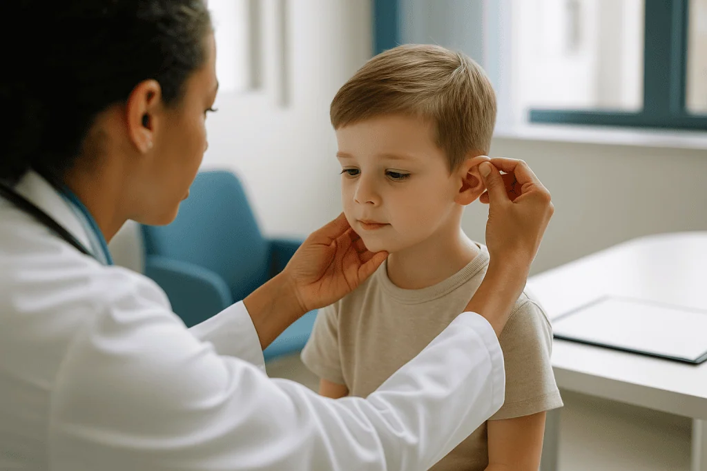 Doctor examining child's ear in clinical setting: Is otoplasty safe for a 5-year-old child?