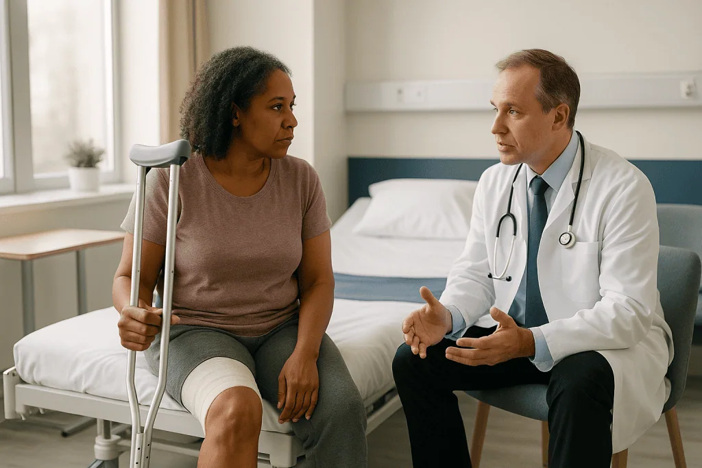 Doctor consulting patient with leg injury and crutches: Is PAO considered a major surgery?