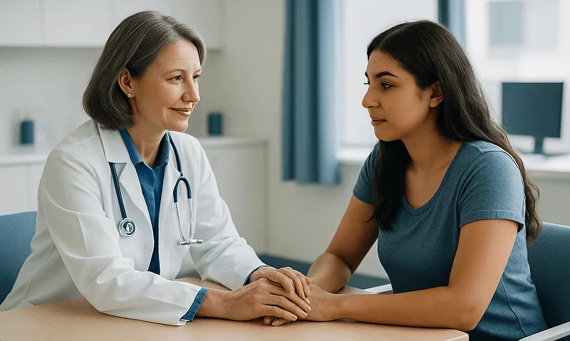 Is PCOS a Chronic Illness? Pain, Periods and Weight Explained 6 Doctor consulting with young woman about health concerns in a clinic setting.