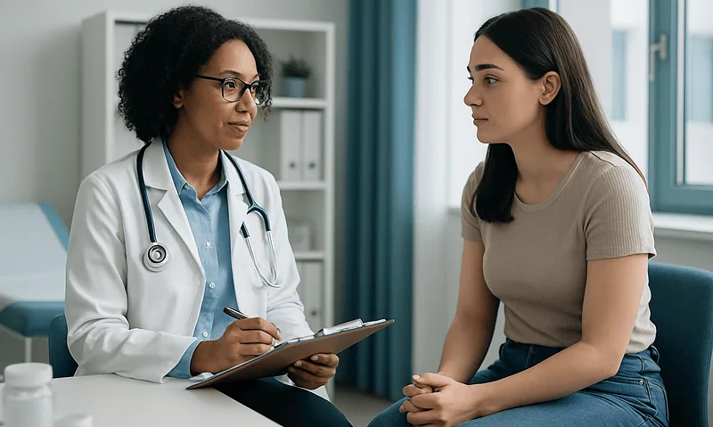 Doctor consulting with a young woman in a medical office setting.