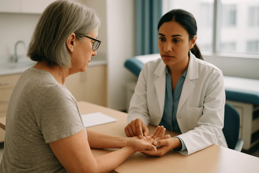 Doctor examining patient's hand and arm: Is pillar pain a sign the surgery failed?