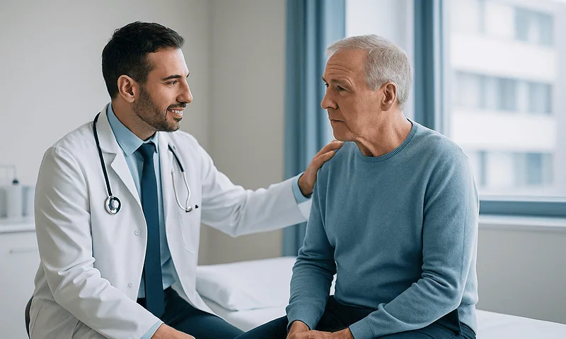 Doctor consulting with elderly patient in hospital room.