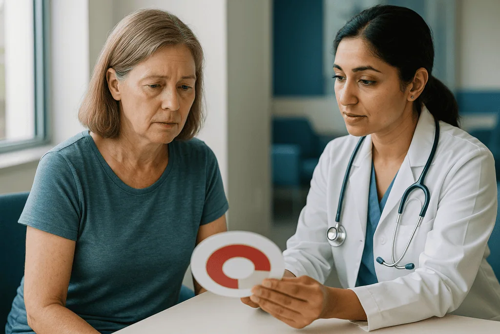 Female doctor consulting older female patient with circular red object — Is polycythemia vera a cancer?
