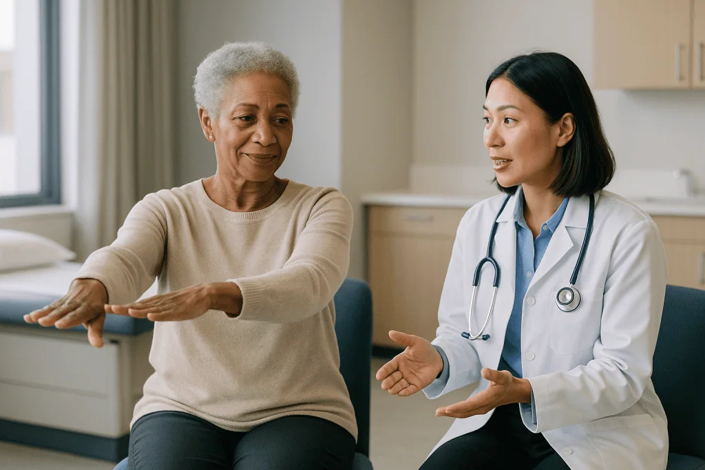 Doctor consulting senior patient about movement and mobility: Is polymyalgia rheumatica a lifelong condition?