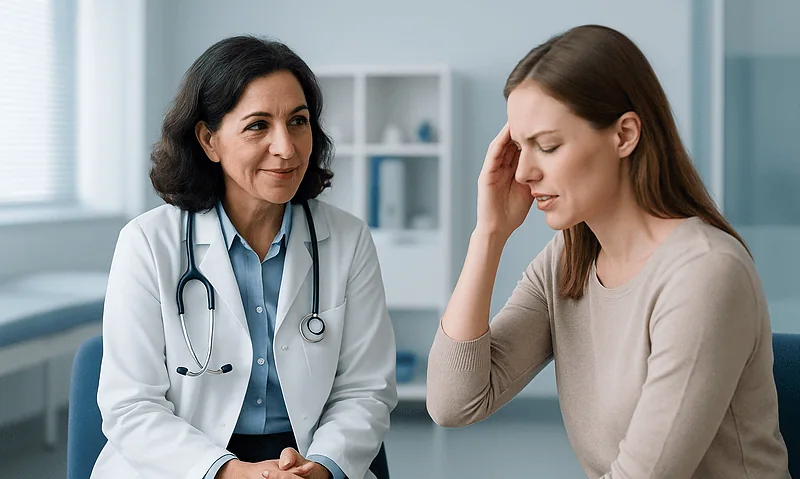 Doctor consulting with a patient about migraine symptoms in a medical office.