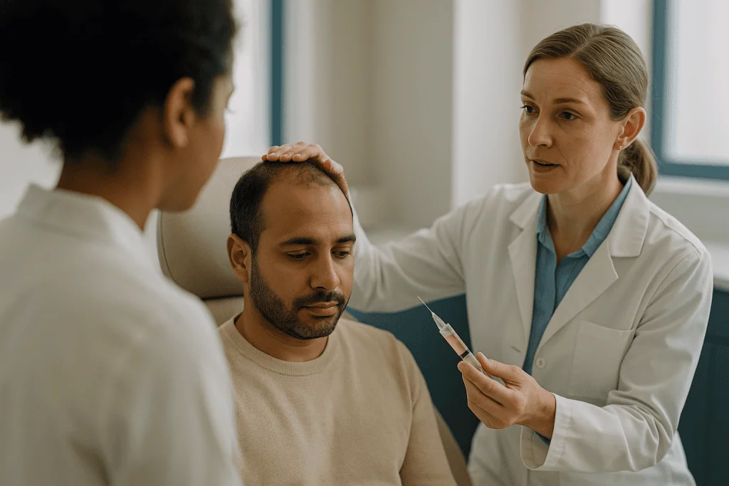 Doctor administering injection to male patient with witness present: Is PRP for hair loss safe? What the evidence actually s