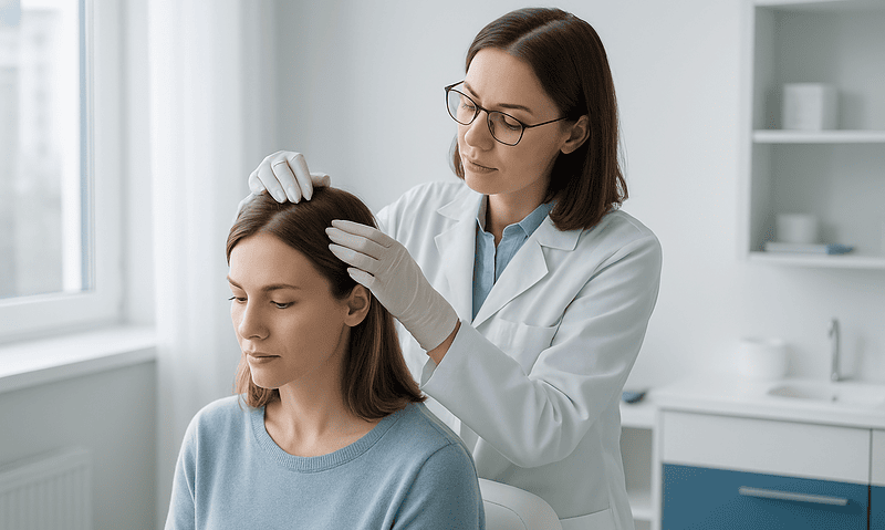 Doctor examining woman's scalp for hair loss treatment at clinic.