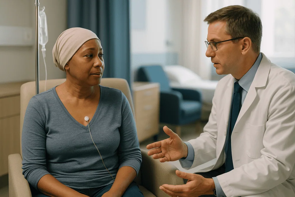 Doctor consulting with patient in hospital room: Is putting in a chemo port major surgery?