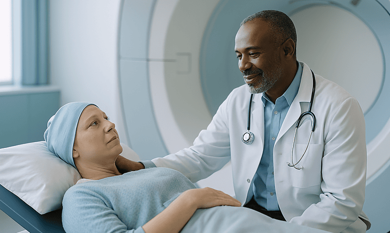Doctor consulting with a female patient in a hospital room.