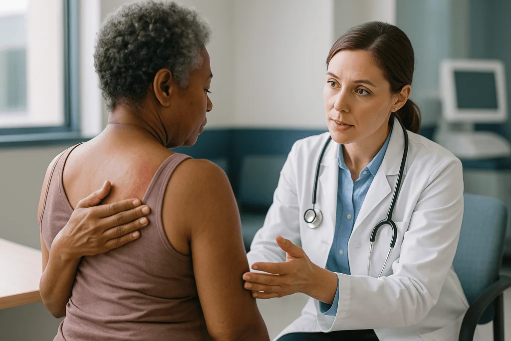 Doctor examining patient's back in consultation: Is radiotherapy painful for the skin? Radiation dermatitis explained