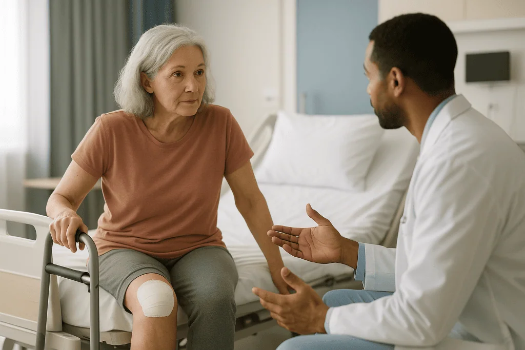 Doctor consulting with elderly patient in hospital room: Is robotic knee replacement recovery time really faster?