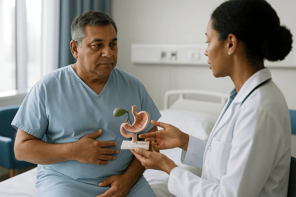 Doctor consulting patient about digestive system using anatomical model: Is robotic surgery better for the gallbladder? What