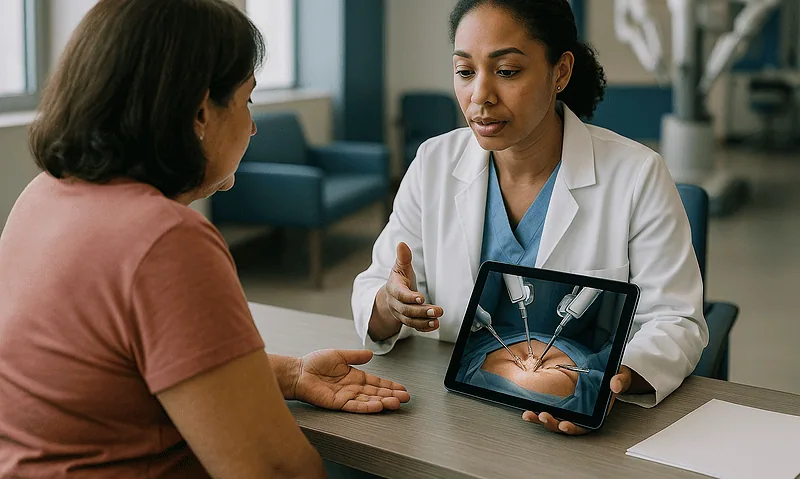 Doctor explains bariatric surgery options to patient using tablet in clinic.